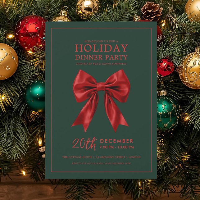 Xmas Holiday Dinner Party Red Satin Bow Green  Invitation (Xmas Holiday Dinner Party Red Satin Bow Green Invitation)