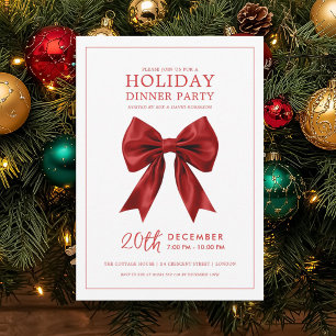 Xmas Holiday Dinner Party Red Satin Bow Invitation