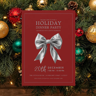 Xmas Holiday Dinner Party Silver Satin Bow Red  Invitation