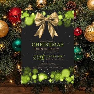 Xmas Holiday Dinner Party Winter Gold Bow Green Invitation