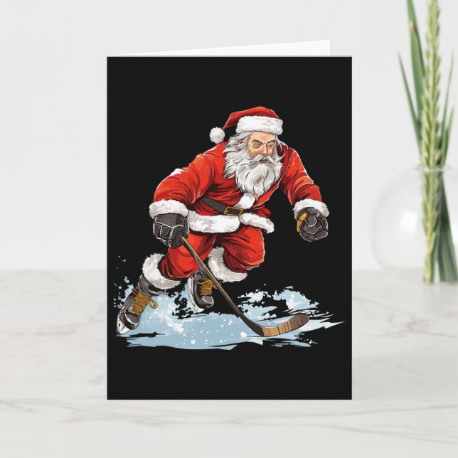 Xmas Holiday Fun Santa Playing Ice Hockey Christma Card (Front)