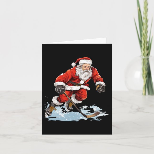 Xmas Holiday Fun Santa Playing Ice Hockey Christma Card (Front)