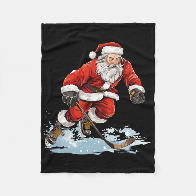 Xmas Holiday Fun Santa Playing Ice Hockey Christma Fleece Blanket (Front)