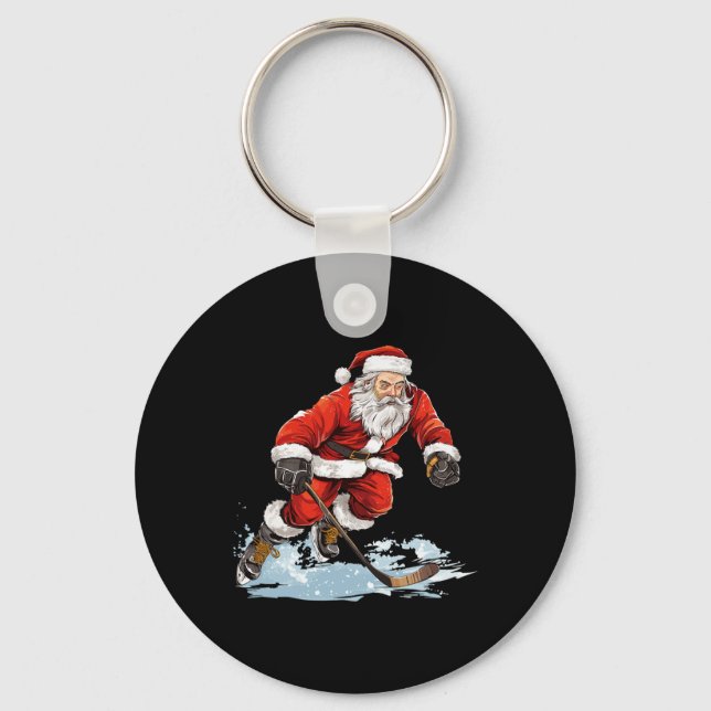 Xmas Holiday Fun Santa Playing Ice Hockey Christma Key Ring (Front)