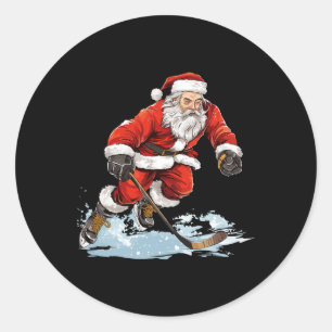 Xmas Holiday Funny Santa Playing Ice Hockey Christ Classic Round Sticker