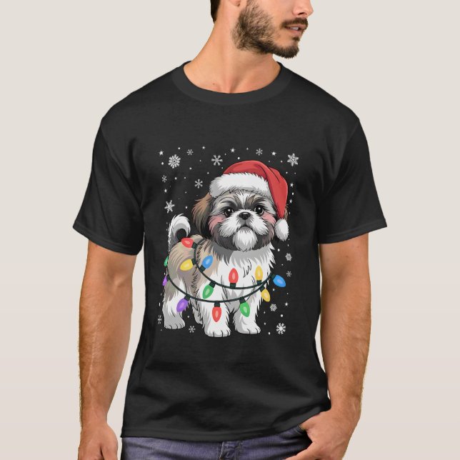 Xmas Holiday Light Santa Funny Shih Tzu Dog Christ T-Shirt (Front)