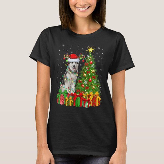 Xmas Holiday Lights Santa Alaskan Malamute Dog Chr T-Shirt (Front)