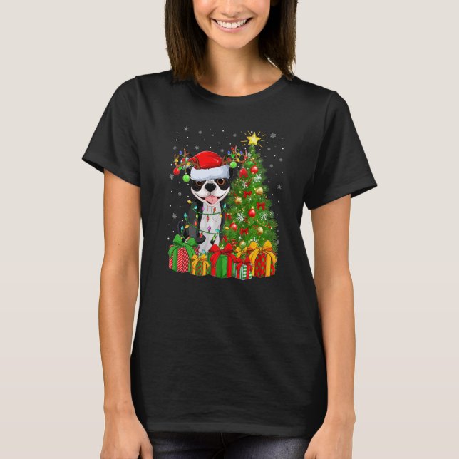 Xmas Holiday Lights Santa Boston Terrier Dog Chris T-Shirt (Front)