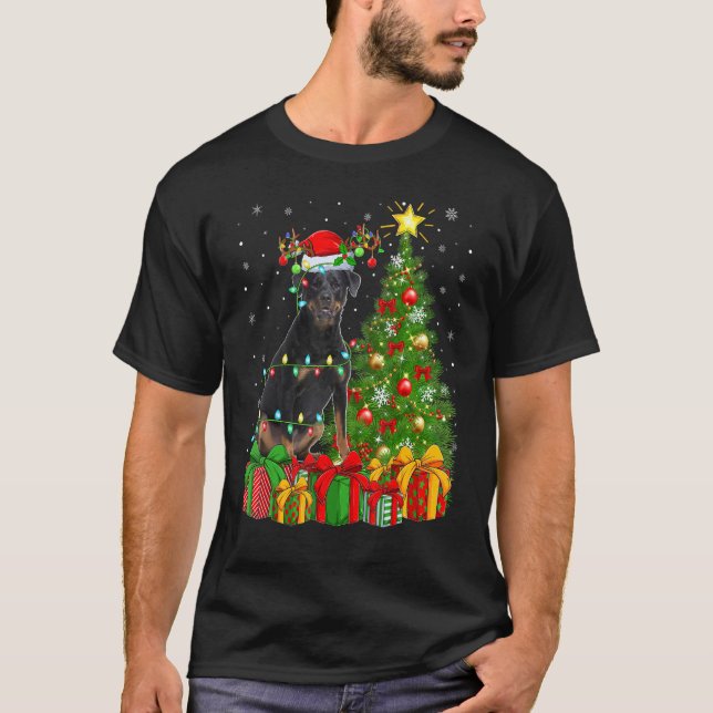 Xmas Holiday Lights Santa Rottweiler Dog Christmas T-Shirt (Front)