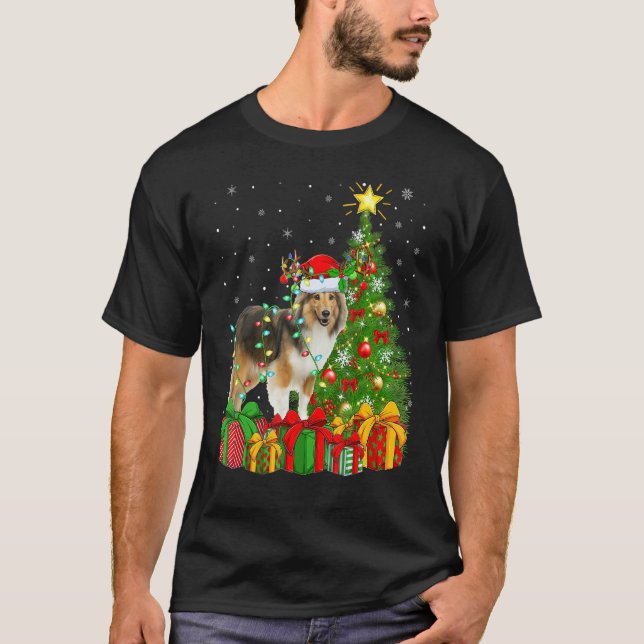 Xmas Holiday Lights Santa Sheltie Dog Christmas Tr T-Shirt (Front)