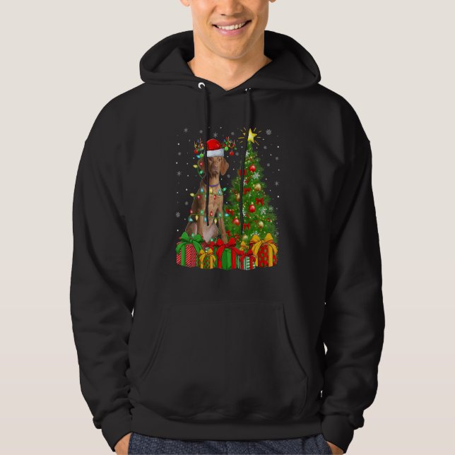 Xmas Holiday Lights Santa Vizsla Dog Christmas Tre Hoodie (Front)
