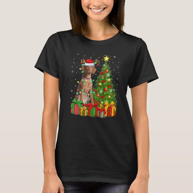 Xmas Holiday Lights Santa Vizsla Dog Christmas Tre T-Shirt (Front)