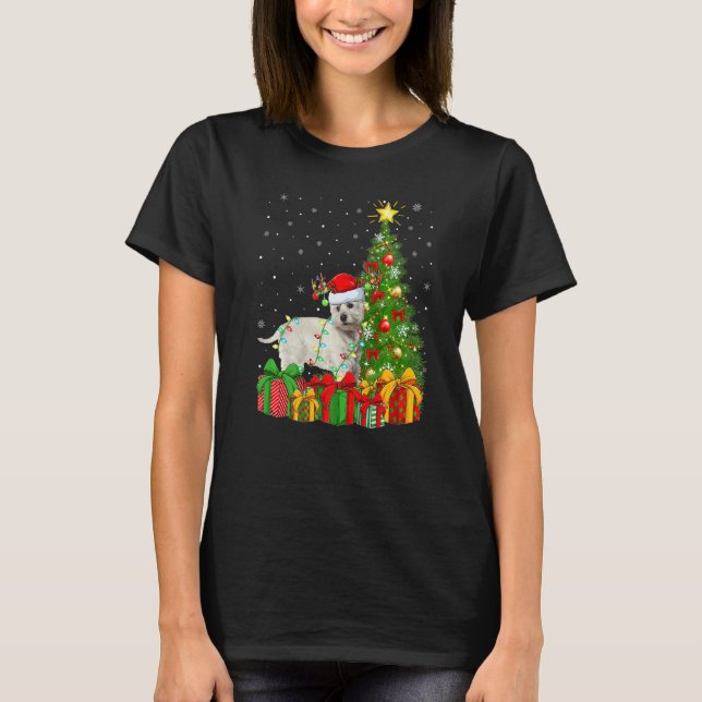 Xmas Holiday Lights Santa Westie Dog Christmas Tre T-Shirt (Front)