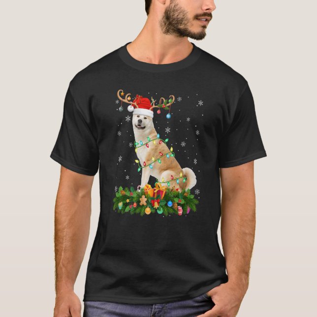 Xmas Holiday Reindeer Hat Santa Akita Inu Dog Chri T-Shirt (Front)