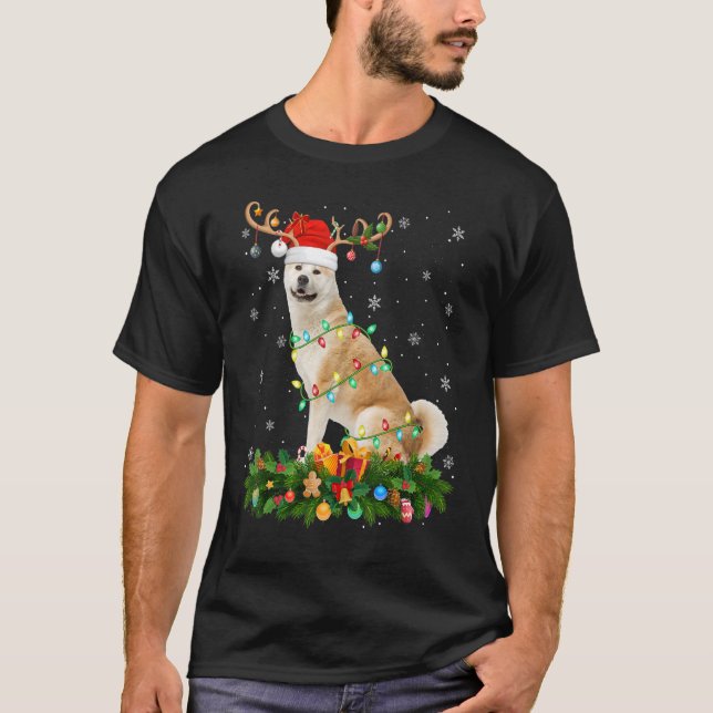 Xmas Holiday Reindeer Hat Santa Akita Inu Dog Chri T-Shirt (Front)
