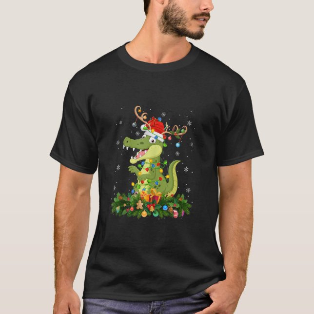 Xmas Holiday Reindeer Hat Santa Alligator Christma T-Shirt (Front)