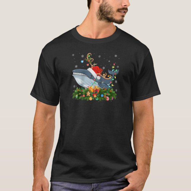 Xmas Holiday Reindeer Hat Santa Blue Whale Christm T-Shirt (Front)