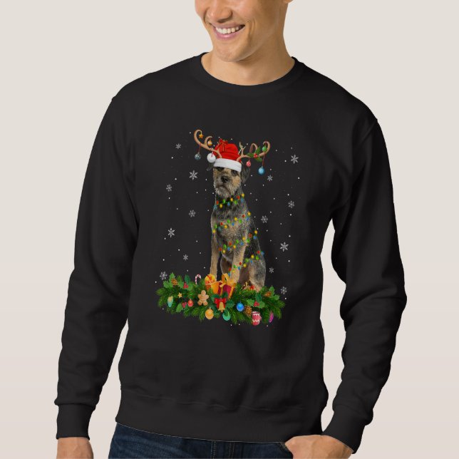 Xmas Holiday Reindeer Hat Santa Border Terrier Dog Sweatshirt (Front)