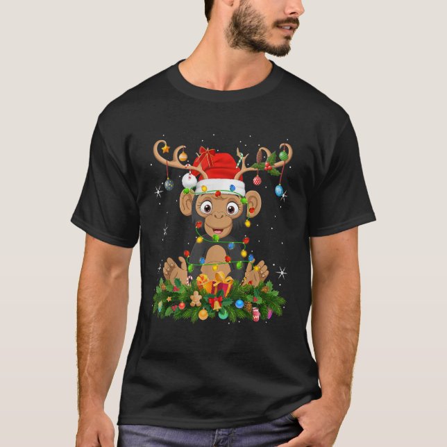 Xmas Holiday Reindeer Hat Santa Chimpanzee Christm T-Shirt (Front)