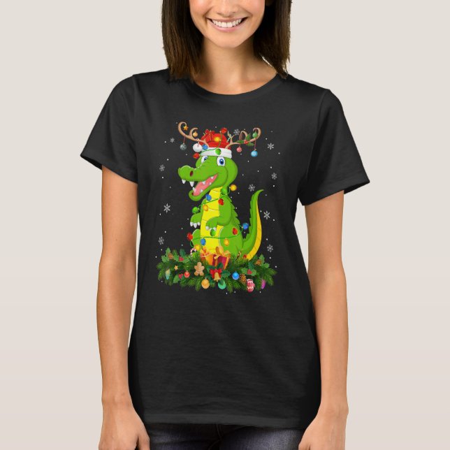 Xmas Holiday Reindeer Hat Santa Crocodile Christma T-Shirt (Front)