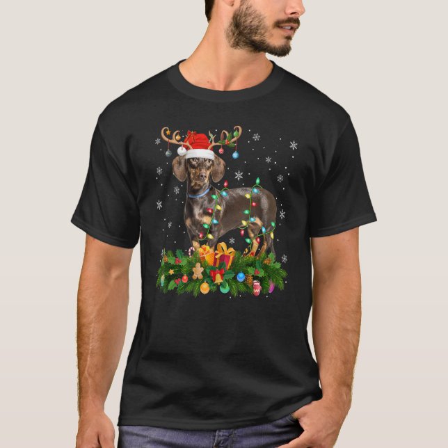 Xmas Holiday Reindeer Hat Santa Dachshund Dog Chri T-Shirt (Front)