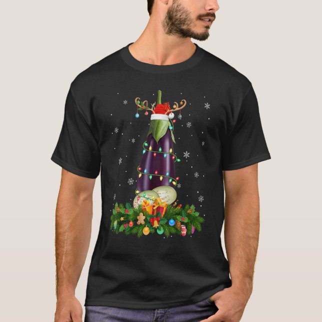 Xmas Holiday Reindeer Hat Santa Eggplant Christmas T-Shirt (Front)