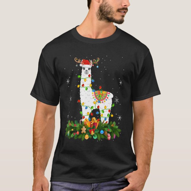Xmas Holiday Reindeer Hat Santa Llama Christmas T-Shirt (Front)