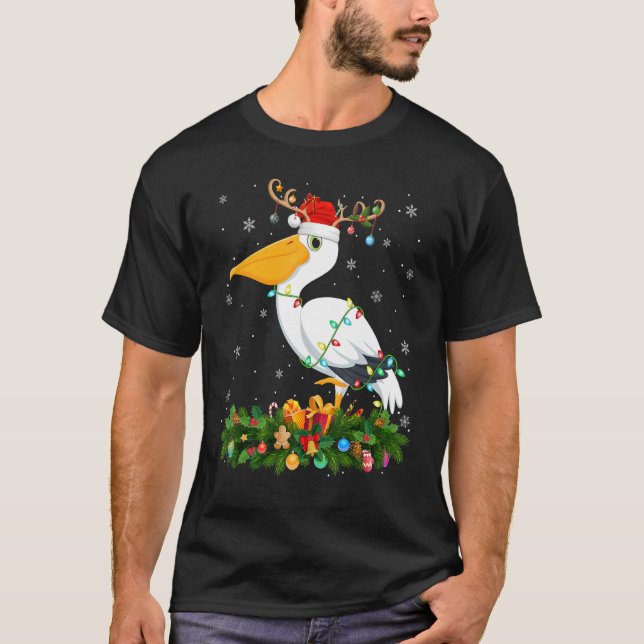 Xmas Holiday Reindeer Hat Santa Pelican Bird Chris T-Shirt (Front)