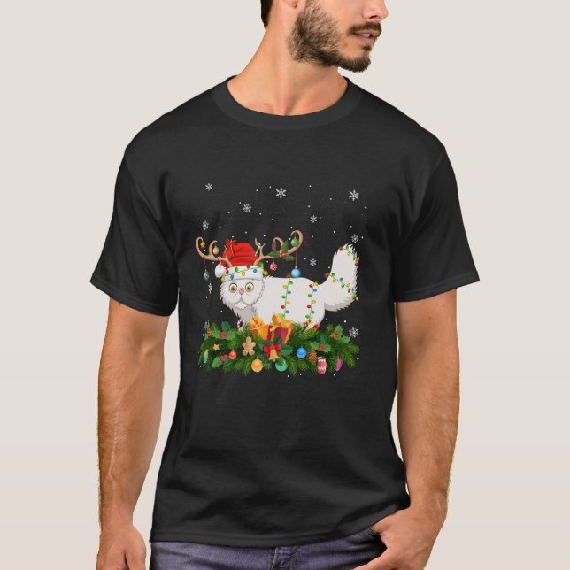 Xmas Holiday Reindeer Hat Santa Persian Cat Christ T-Shirt (Front)