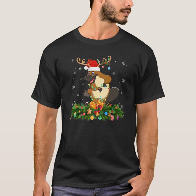 Xmas Holiday Reindeer Hat Santa Platypus Christmas T-Shirt (Front)