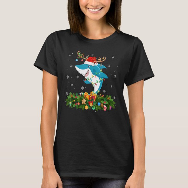 Xmas Holiday Reindeer Hat Santa Shark Fish Christm T-Shirt (Front)