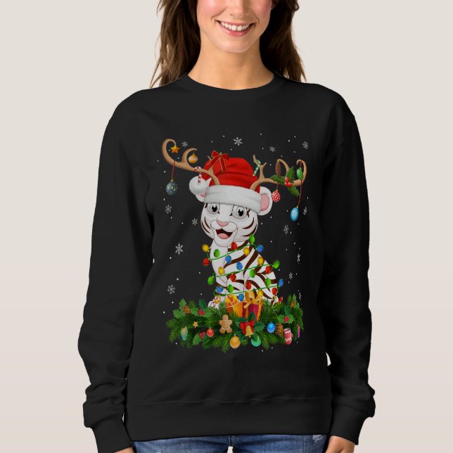 Xmas Holiday Reindeer Hat Santa White Tiger Christ Sweatshirt (Front)