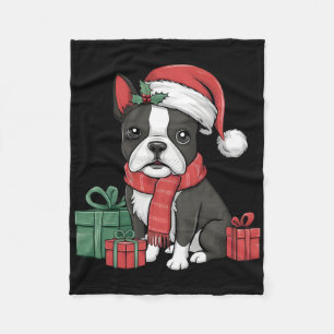 Xmas Holiday Santa Hat Boston Terrier Dog Christma Fleece Blanket