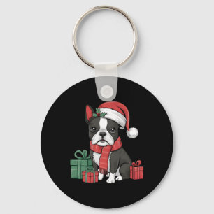 Xmas Holiday Santa Hat Boston Terrier Dog Christma Key Ring