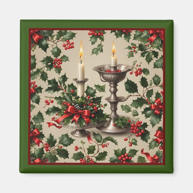 Xmas Holly and Candles Fantasy Magnet (Front)