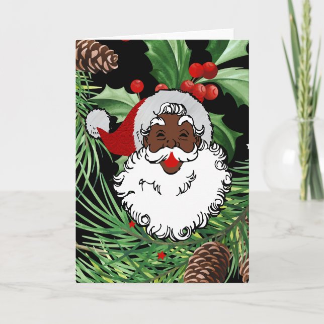 xmas holly black santa claus holiday card (Front)