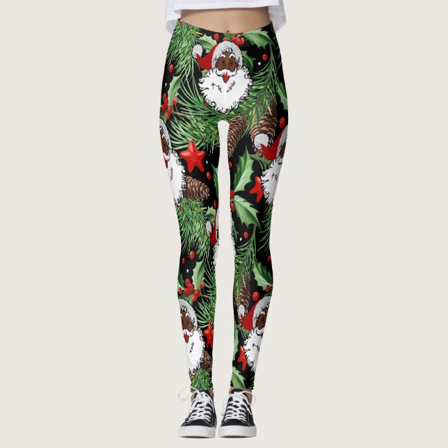 xmas holly black santa claus leggings (Front)