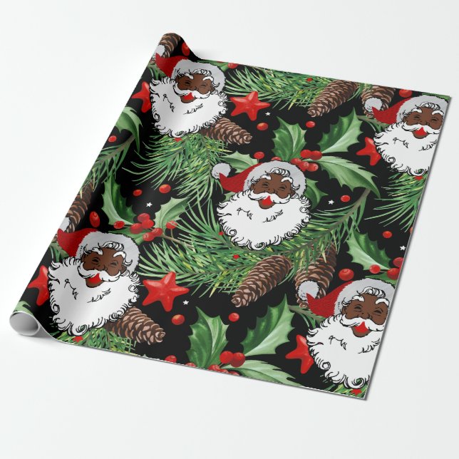 xmas holly black santa claus wrapping paper (Unrolled)