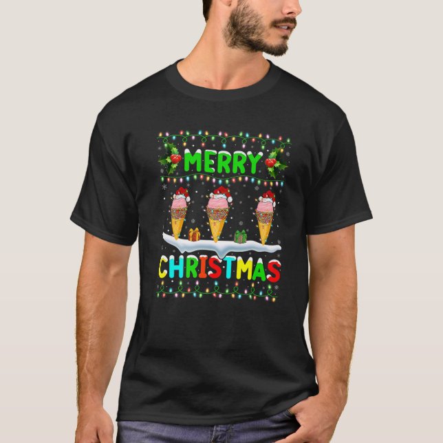 Xmas Ice Cream Lighting Santa Hat Merry Christmas T-Shirt (Front)