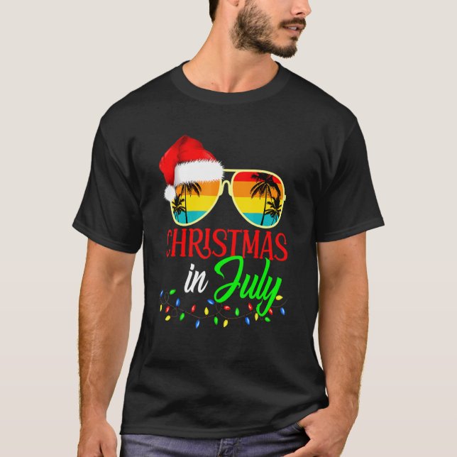 Xmas In July Santa Hat Sunglasses Summer Cute T-Shirt (Front)