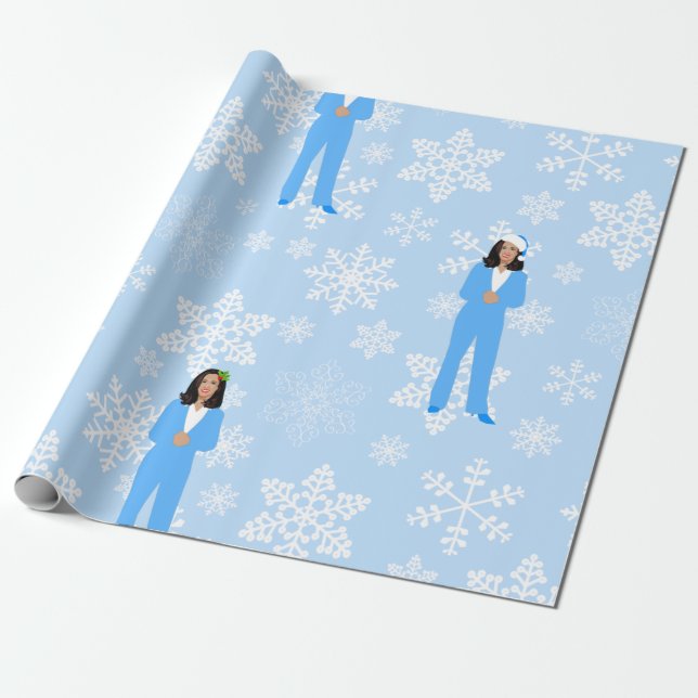 xmas kamala harris santa blue icy snowflakes wrapping paper (Unrolled)