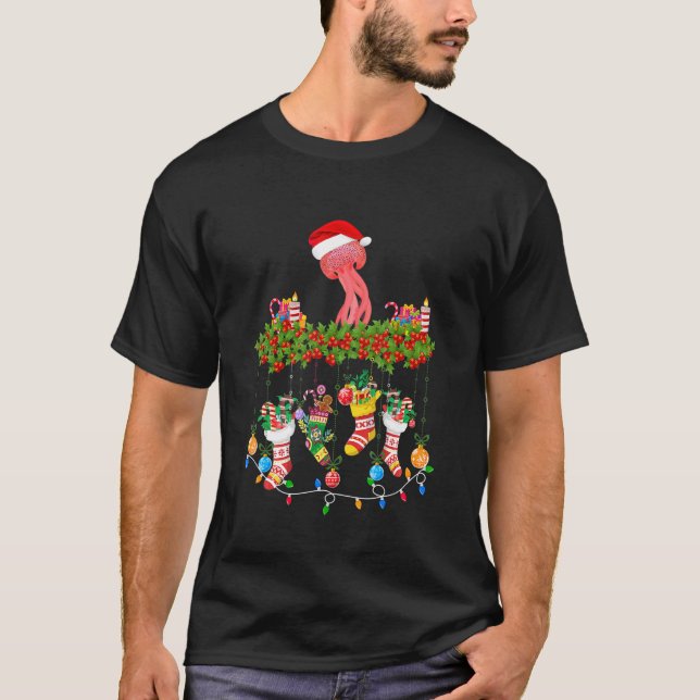 Xmas Light Santa Hat With Christmas Socks Jellyfis T-Shirt (Front)