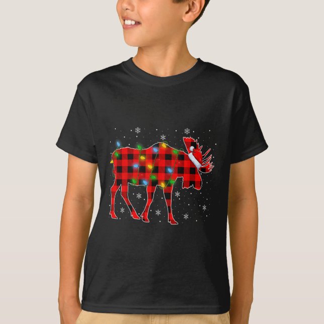 Xmas Lighting Buffalo Plaid Santa Moose Christmas  T-Shirt (Front)