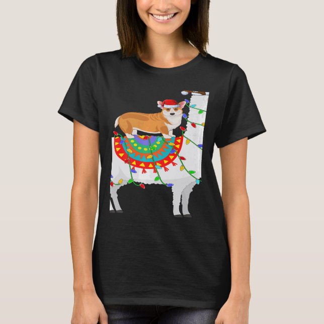 Xmas Lighting Corgi Dog Riding Llama Christmas T-Shirt (Front)