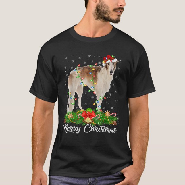 Xmas Lighting Decor Santa Hat Borzoi Dog Christmas T-Shirt (Front)