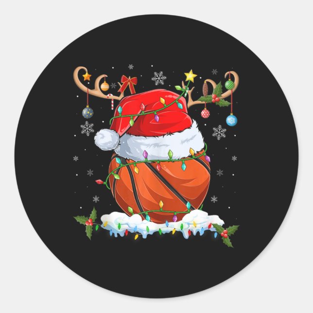 Xmas Lighting Reindeer Santa Hat Basketball Christ Classic Round Sticker (Front)