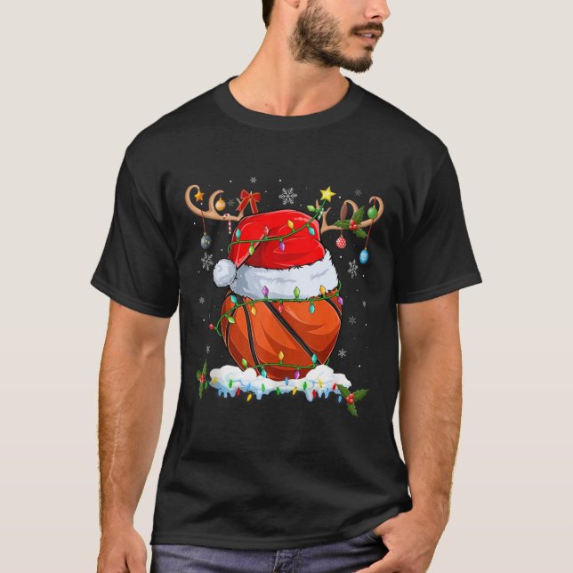 Xmas Lighting Reindeer Santa Hat Basketball Christ T-Shirt (Front)
