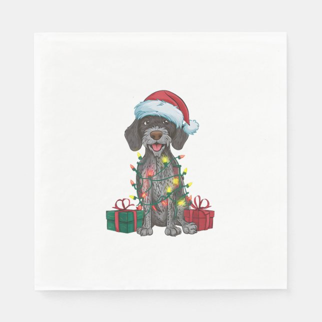 Xmas Lighting Santa German Wirehaired Pointer Dog  Napkin (Front)