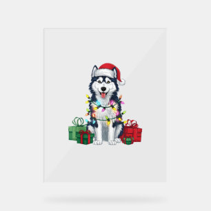 Xmas Lighting Santa Hat Alaskan Husky Dog Christma Acrylic Sign