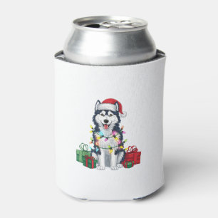 Xmas Lighting Santa Hat Alaskan Husky Dog Christma Can Cooler